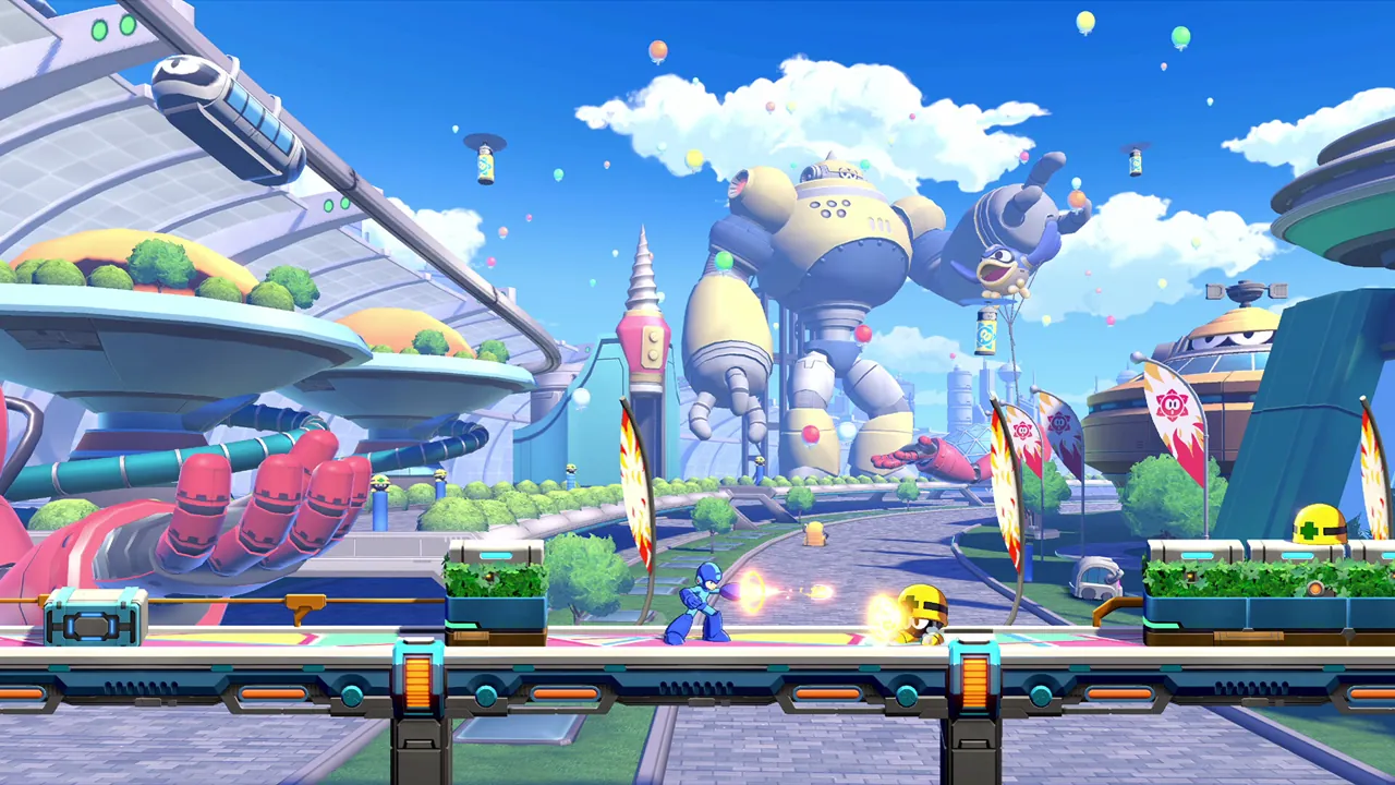 Mega Man shoots a Met enemy on a bright outdoor expo walkway in Mega Man Dual Override.
