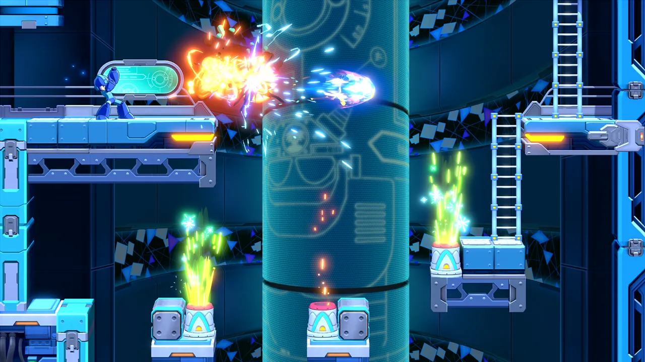 Mega Man fires a charged buster blast at a blue column in a high-tech lab stage.