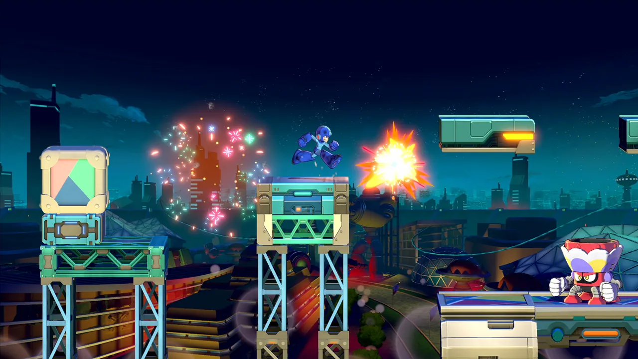 Mega Man jumps amid fireworks during night combat on elevated platforms in Mega Man Dual Override.
