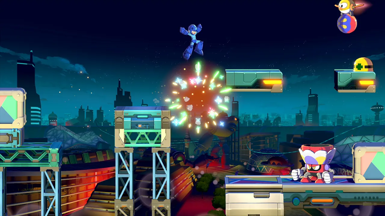 Mega Man leaps above a firework explosion in a nighttime carnival stage in Mega Man Dual Override.