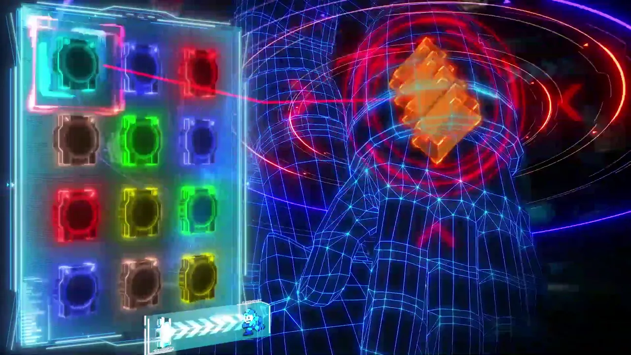 Holographic chip selection menu with colored slots and a wireframe hand in Mega Man Dual Override.