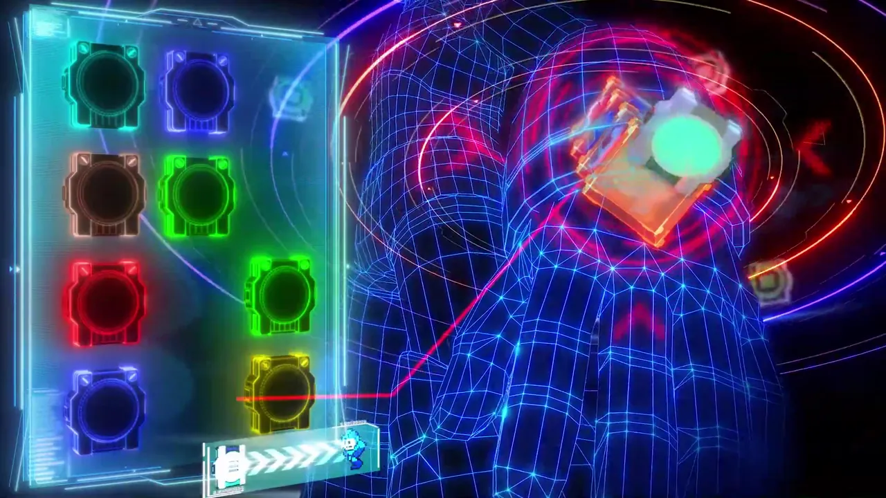 Wireframe arm selects a yellow chip from a holographic grid in Mega Man Dual Override.