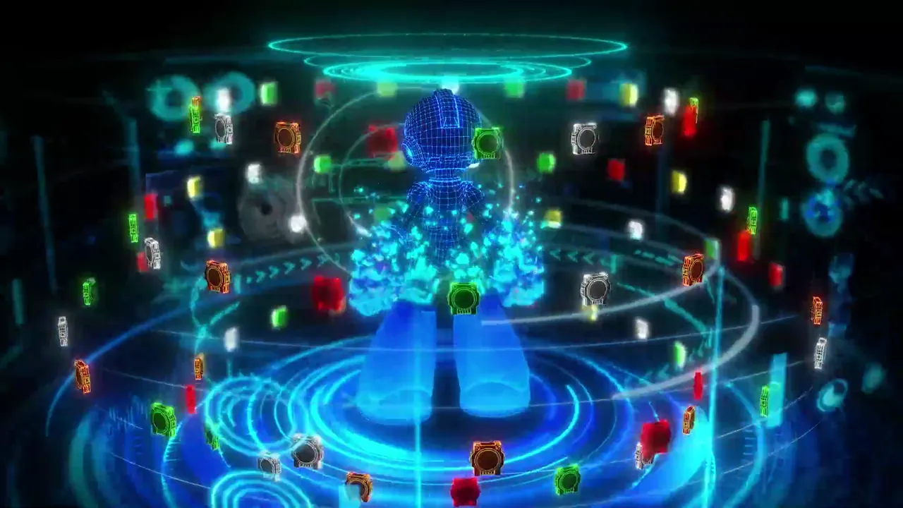 Wireframe Mega Man stands in a circular hub surrounded by orbiting chip icons.