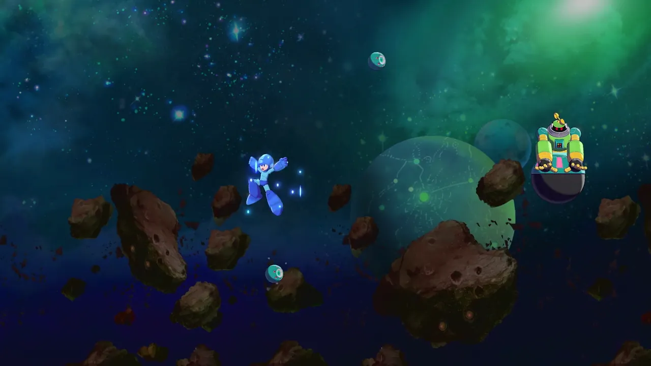 Mega Man jumps through asteroids near a green planet and a green spherical robot in space.