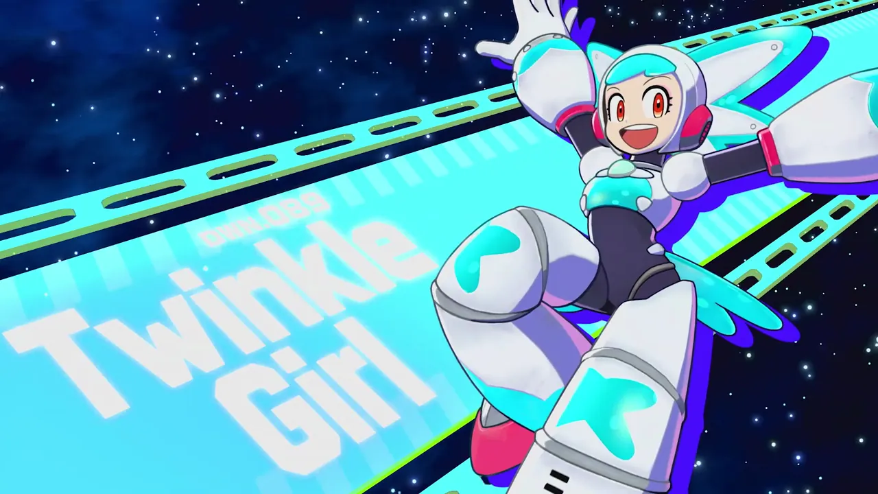 Twinkle Girl poses beside a Twinkle Girl name banner on a starry background in Mega Man Dual Override.