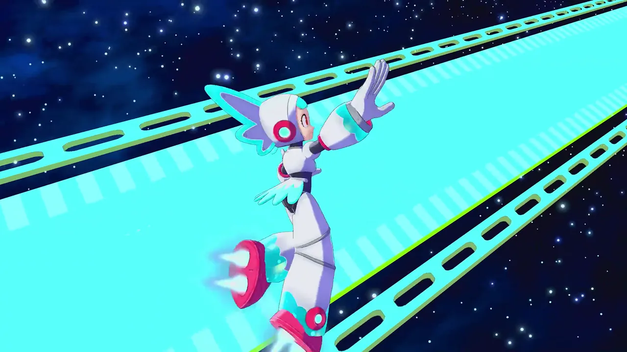 Twinkle Girl glides along glowing teal tracks against a starry backdrop in the first gameplay trailer.
