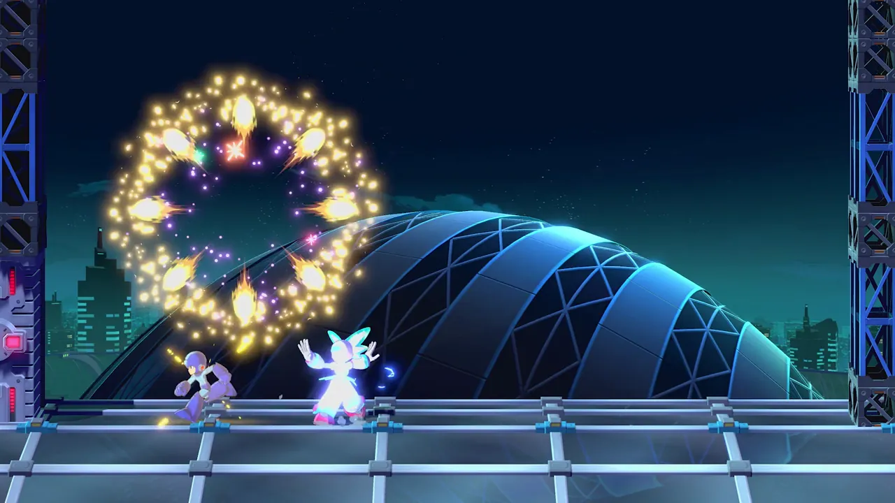 Twinkle Girl and Mega Man face each other amid spark effects before a glowing dome at night.