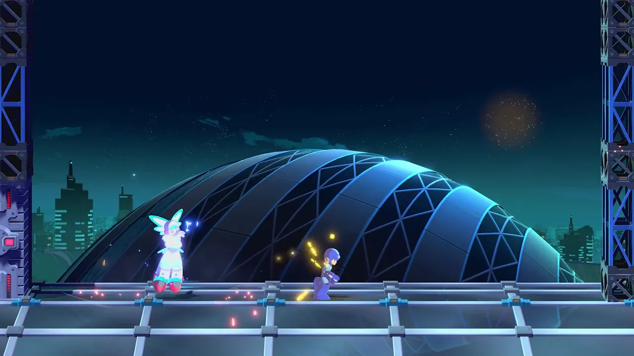Mega Man runs on a glass walkway toward Twinkle Girl above a geodesic dome at night.