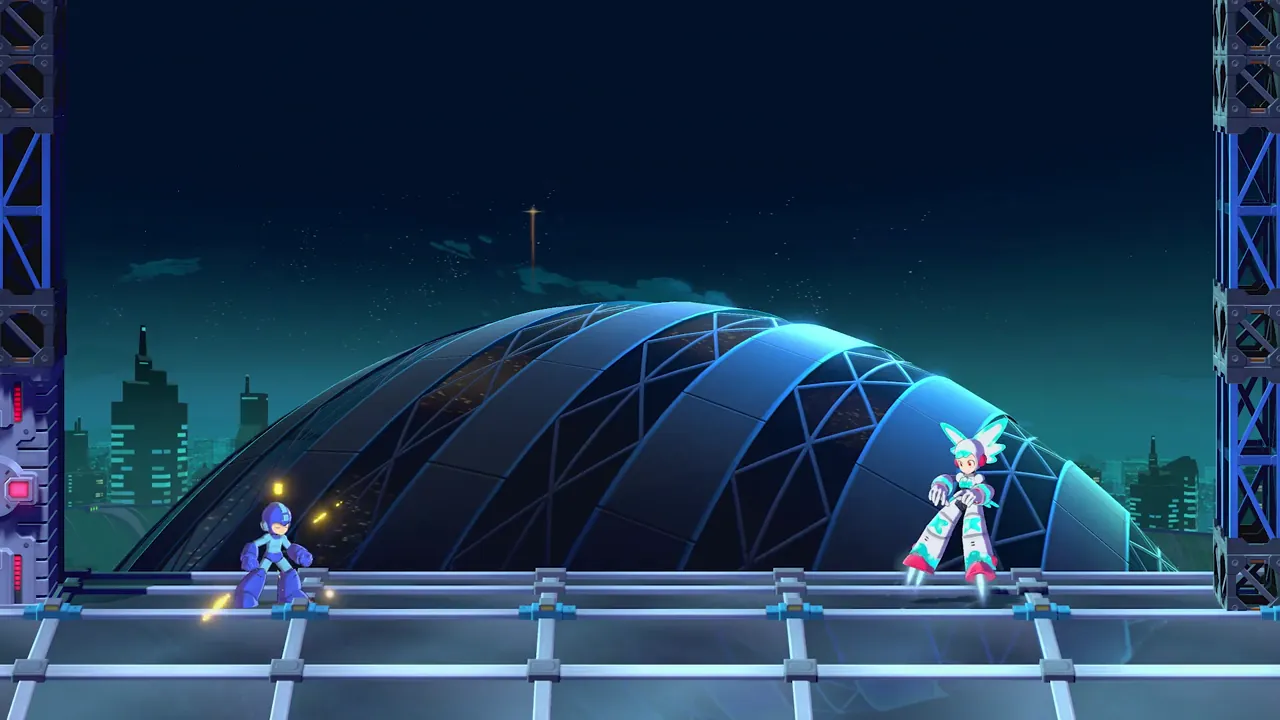 Mega Man and Twinkle Girl stand facing each other on a rooftop platform before a glowing dome.