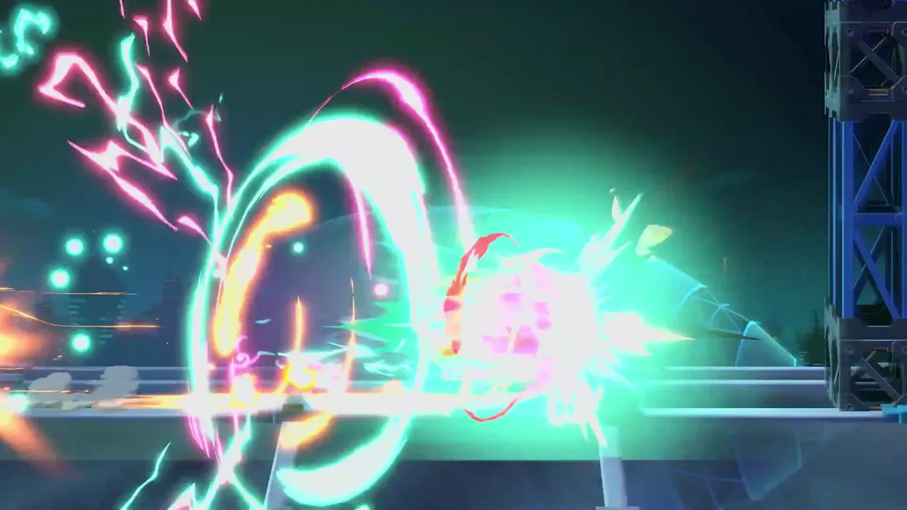 Colorful cyan and pink energy bursts light up a night city bridge during combat in Mega Man Dual Override.