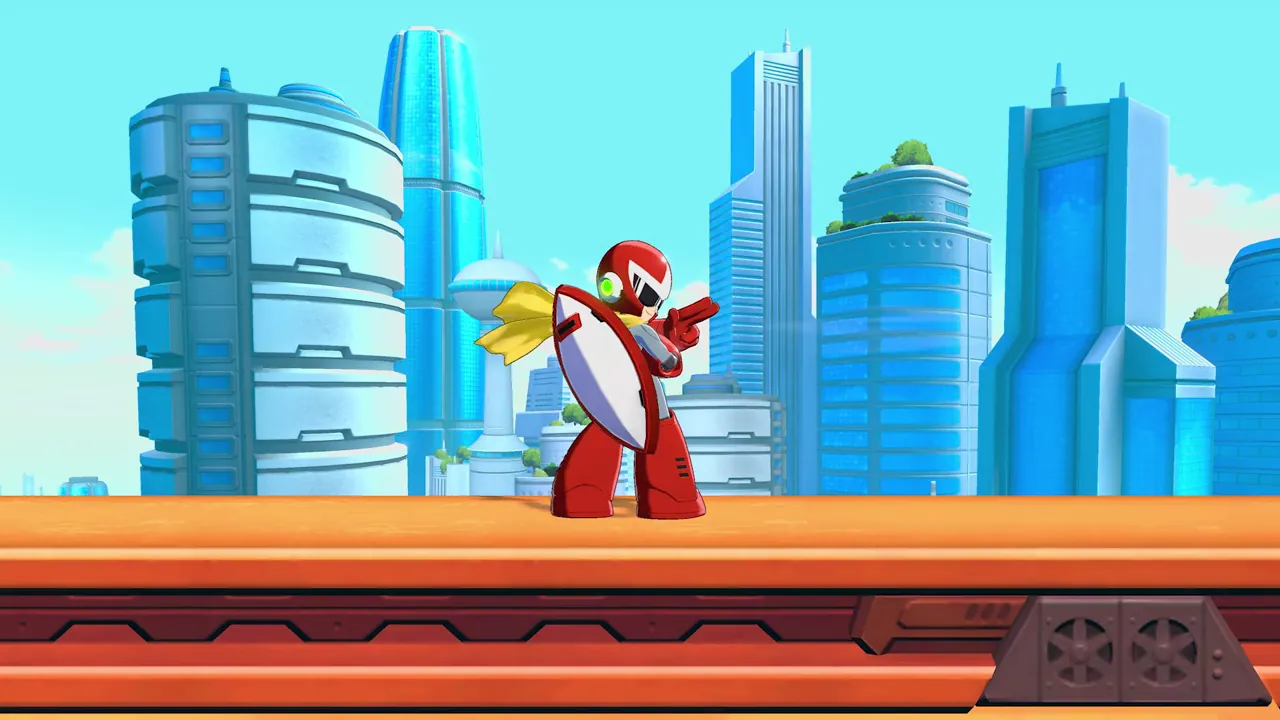 Proto Man holds his shield on an orange walkway before a futuristic city in Mega Man Dual Override.