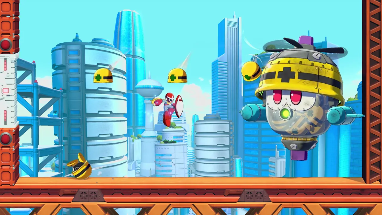 Proto Man jumps with his shield toward a large flying hard-hat robot over a city bridge.