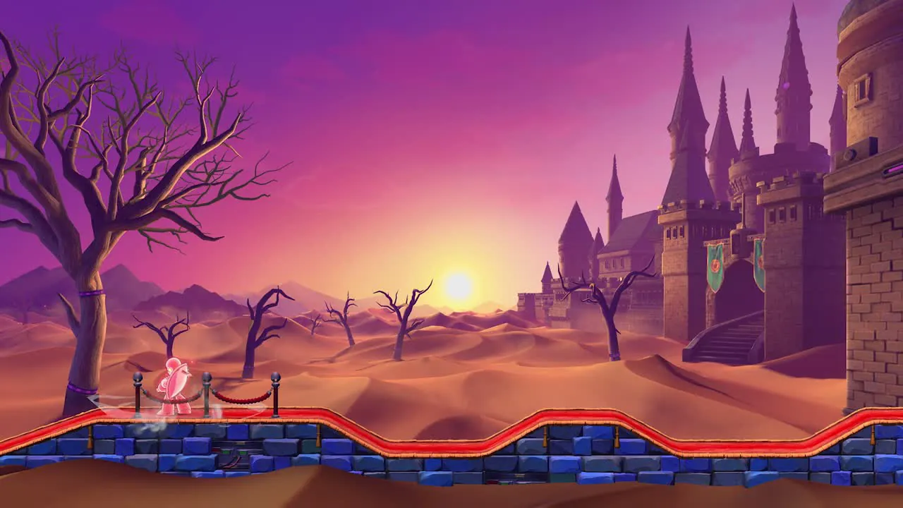 Sunset desert castle stage with a red-carpeted walkway in Mega Man Dual Override.