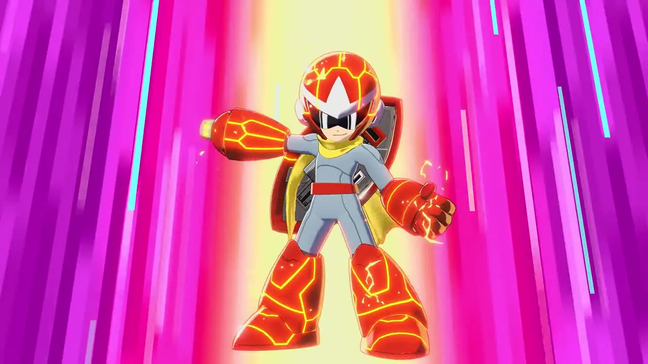 Proto Man stands with glowing orange lines on his armor against a magenta streaked background.