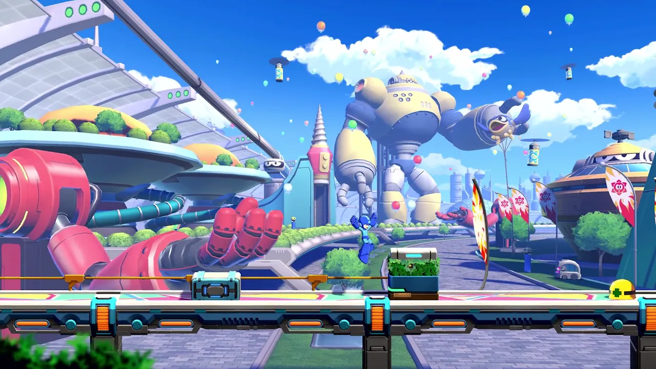 Mega Man jumps across a bright expo walkway with giant robot statues and balloons.