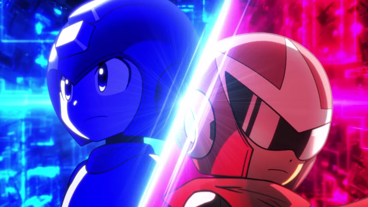 Mega Man and Proto Man appear in a split-screen close-up with blue and pink digital backgrounds.