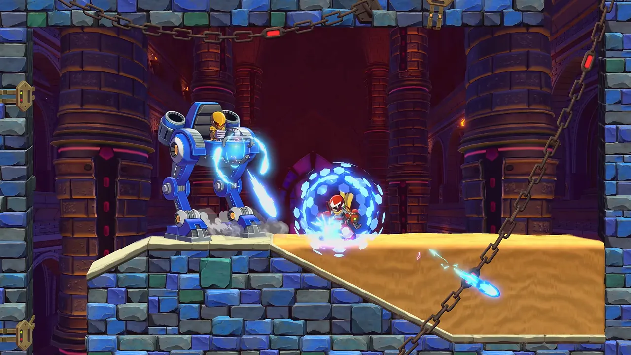Proto Man blocks blue mech fire with a hexagonal energy shield in a stone temple room.