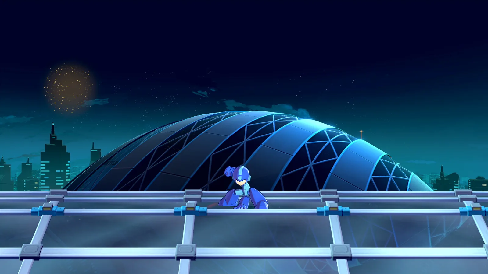 Mega Man crouches on a pipe railing in front of a glass dome under a night sky with a firework, in Mega Man: Dual Override.